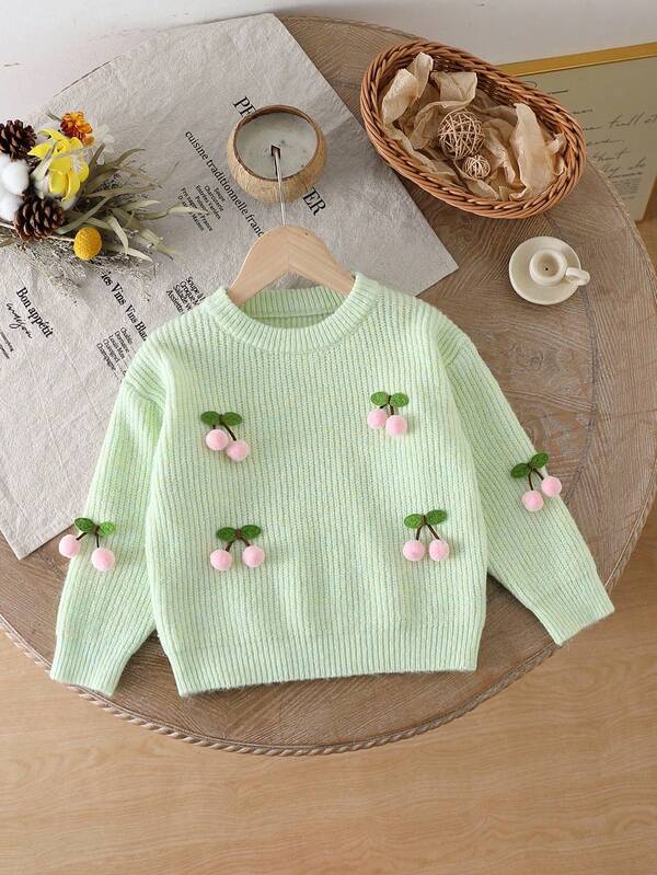 SHEIN Vintaside Kids Young Girls Cherry Decor Pullover Sweater,Sage Green,Autumn,Elegant,Fairy,School Toddler Kids Cute Vintage Knit Top Long Sleeves Minimalist Clothes