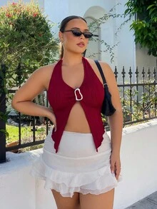 Nezia Cruz 休闲系带领金属扣合身不对称下摆吊带背心 - 酒紅色 - 查看 3