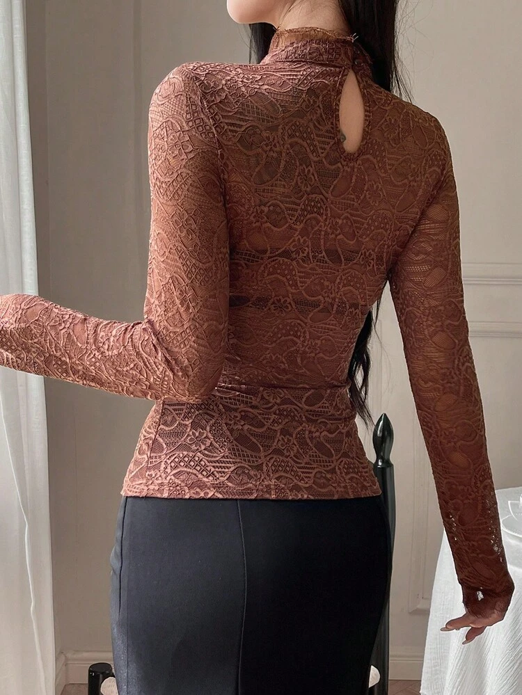 Women's Elegant Lace High Collar Blouse, Autumn Long Sleeve Top