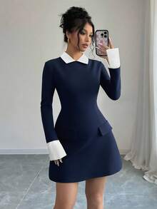 Elenzga 女式撞色衬衫领长袖仿口袋简约短款优雅连衣裙 - 藏蓝色 - 查看 3