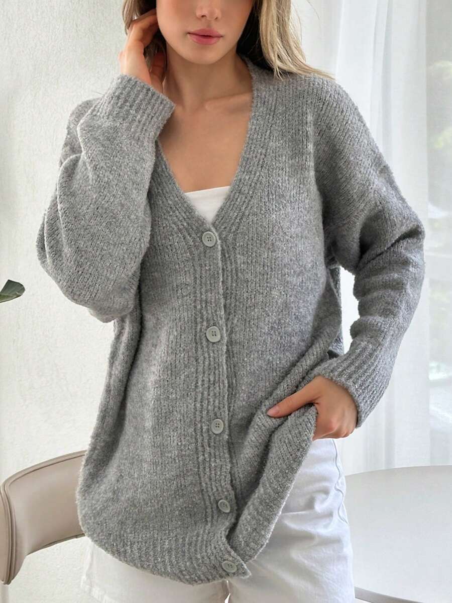 EURMUSE Women's Gray Drop Shoulder Long Sleeve Single Breasted Casual Loose Cardigan Knitted Cardigan Cardigan Sweater Grey Cardigan Knitted Cardigan For Women Button Up Cardigan Thin Cardigan Womens Cardigan Old Money Style Women Autumn Clothes ,Petite Cardigans,Cardigans - Grey - View 1