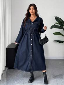 Dazy Plus Plus Size Dark Washed Blue Long Sleeve Cinched Waist Slim Fit Long Denim Dress, Autumn