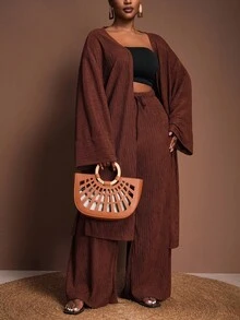 Veslaya Set casual da 2 pezzi, composto da top a maniche lunghe e pantaloni, in colore tinta unita, taglie comode e oversize - Castano - Visualizzare 3