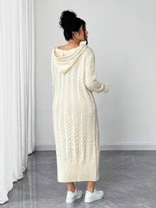 Elenzga Plus Size Beige Cable Knit Hooded Long Sleeve Midi Sweater Dress, Comfortable & Elegant - Beige - View 2