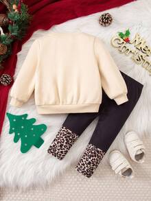 SHEIN Bộ 2 món cho bé gái, gồm áo khoác dài tay giữ nhiệt in hình hoạt hình dễ thương và quần in họa tiết da báo, thích hợp cho mùa thu/đông và Giáng sinh. Bộ đồ hai mảnh cho bé gái, quần áo mùa đông cho bé gái, bộ đồ mùa đông cho bé gái. - Nhiều màu - Xem 2
