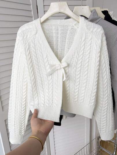 SHEIN Teen Girl Cable Cable Pattern Raglan Sleeve Front Tie Knit Cardigan, Autumn/Winter