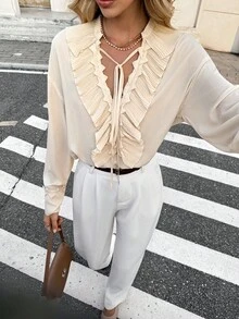 SHEIN Frenchy Áo cánh tay dài thanh lịch viền bèo nhún màu trơn dành cho nữ - Màu vàng - Xem 3