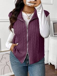 EMERY ROSE Áo vest dệt kim cổ tròn màu trơn cỡ lớn cho nữ, kiểu dáng đại học, có khóa kéo phía trước, thu/đông - Màu tím - Xem 4