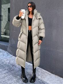 EURMUSE Women Winter Padded Coat, Thick Warm Oversize Coat With Hood And Loose Lantern Sleeves - Khaki - View 4