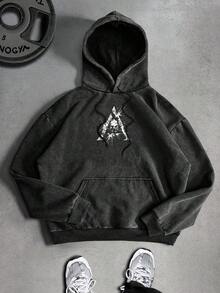 Sport MetroGents 1 pieza Sudadera casual de moda urbana para hombre, sudadera con capucha con cordón, bolsillo y estampado de caballero y letras, forro térmico, adecuada para otoño/invierno