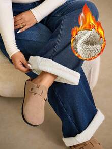 Elaquor Jeans de felpa azul talla grande, pantalones de pierna recta de cintura alta con dobladillo, pantalones de felpa cálidos, adecuados para uso casual clásico en invierno - Azul lavado oscuro - Ver 1