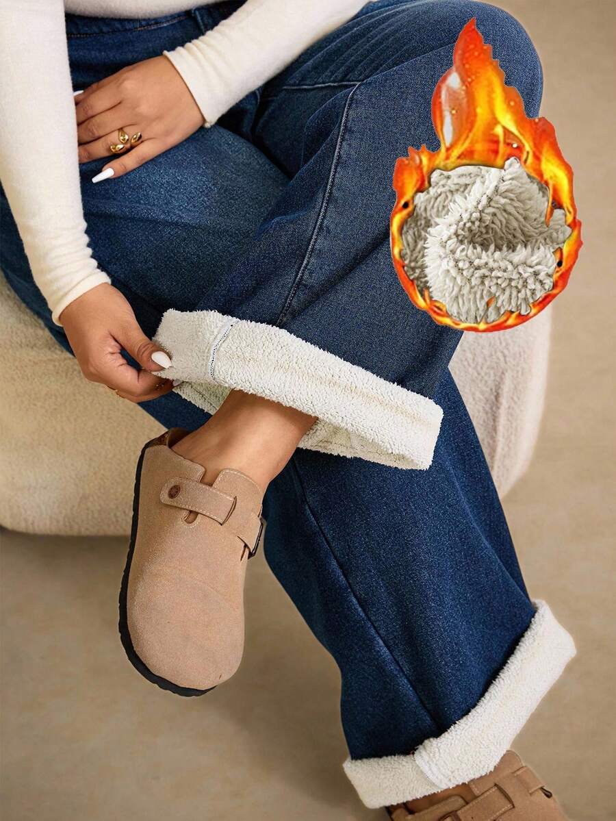 Elaquor Jeans de felpa azul talla grande, pantalones de pierna recta de cintura alta con dobladillo, pantalones de felpa cálidos, adecuados para uso casual clásico en invierno - Azul lavado oscuro - Ver 1