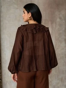 Roveilla Plus Size Women's French Romantic Sicily Elegant Casual Commute Vacation Afternoon Tea Party Solid Color V-Neck Double Ruffle Trim Open Front Long Sleeve Blouse Brown Blouses Coffee Brown Top Ruffle Blouse Chocolate Brown Top Brown Shirts For Women