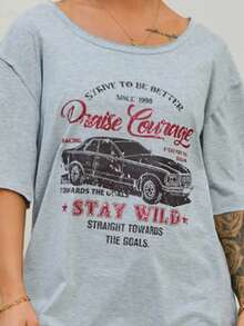 SAYEHFBABY Vintage Style Car Graphic Loose Casual T-Shirt For Women, Summer Back To School - Grey - View 4