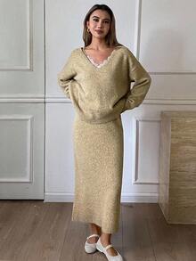 DAZY Conjunto de 2 piezas de vestido maxi elegante con cuello de encaje, suéter de manga larga con cuello en V de gasa con flores y ajuste ceñido para otoño/invierno - Amarillo - Ver 5