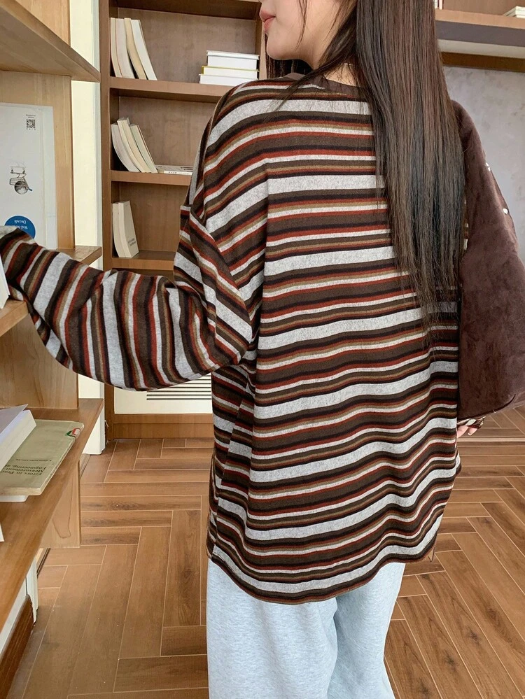 Dazy Plus Striped Color Block Loose Fit Crew Neck Long Sleeve Plus Size Women Casual T-Shirt