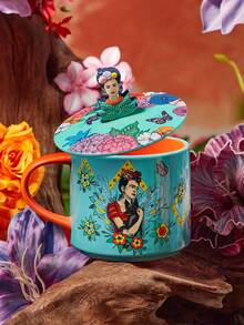 Frida Kahlo X SHEIN 480 Ml Cute Floral & Figure Graphic Ceramic Mug,Summer Outfits, Spring Outfits,Beach, Vacation, Flower