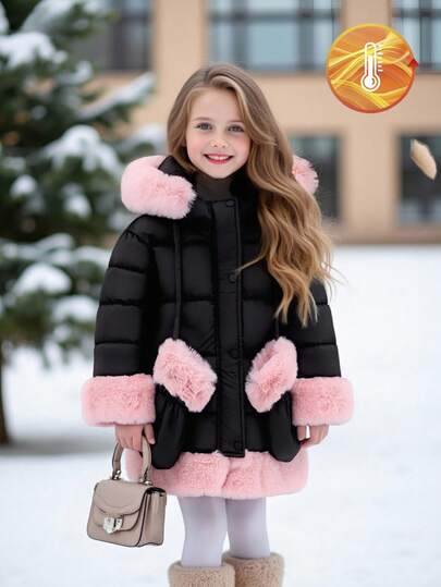 Elladie kids 女童冬季加厚羽绒服，带帽，撞色毛领，蓬松手套，时尚加厚羽绒服，女童冬季外套