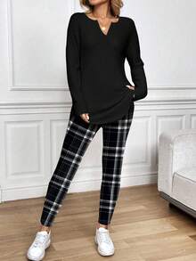 EMERY ROSE Casual Plus Size Solid Notched Neck Long Sleeve Top And Plaid Print Pants 2 Pieces Set Work From Home Outfit Comfortable Outfits For Women Fall Winter Outfit - Multicolor - View 5