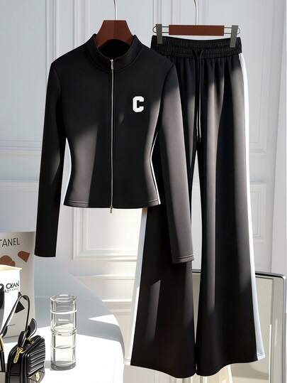 GlowEve 女士时尚休闲两件套，撞色高领双拉链全拉链长袖修身短款夹克和抽绳腰直筒裤