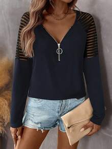 EMERY ROSE Women's Autumn Splice Mesh Shoulder Zip V-Neck Raglan Long Sleeve Casual Knit T-Shirt