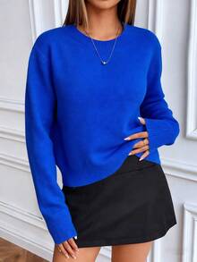 SHEIN Suéter de punto de cuello redondo de manga larga y unicolor de estilo casual - azul real - View 4