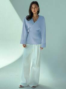 Aloruh Áo sơ mi công sở/thường ngày quấn quanh màu xanh nhạt dành cho nữ - Màu xanh nhạt - Xem 4