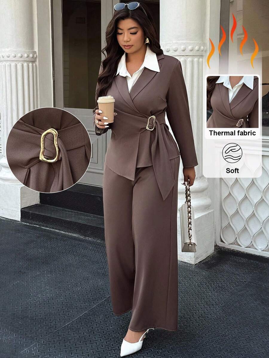 Easura Plus Size Women Solid Color Mottled Lapel Side Waist Metal Buckle Design Jacket And Pants Casual Suit Set Fall Cloth For Women Autumn - Coffee Brown - View 1