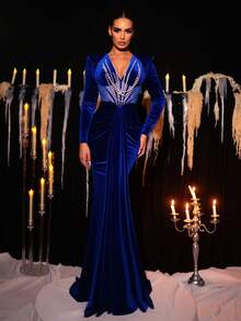 Glamrae Elegant Blue Luxury Velvet Evening Dress,Handmade Pearl Necklace V-Neck Long Sleeves See-Through Fishtail Skirt For Wedding,Party,Holiday Dance - Blue - View 4