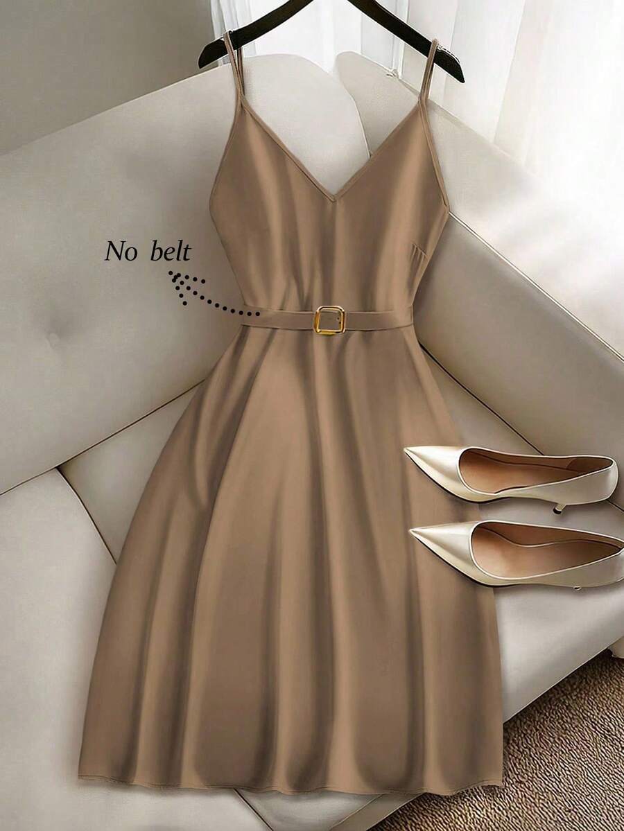 Franclia 女士优雅 V 领吊带 A 字短款休闲秋季连衣裙，百搭 - 咖啡 - 查看 1