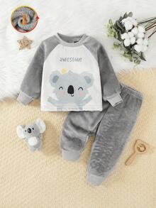 2件套幼儿男童考拉印花双面羊毛长袖上衣和裤子睡衣套装 - 彩色 - 查看 1