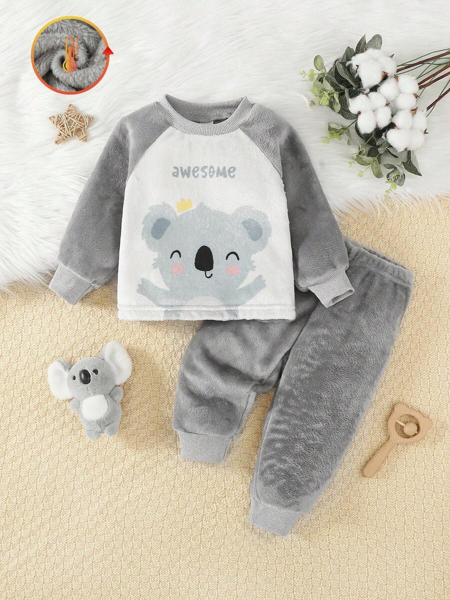 2件套幼儿男童考拉印花双面羊毛长袖上衣和裤子睡衣套装 - 彩色 - 查看 1