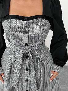 Elenzga Plus Size Women Elegant Commuter Tweed Long Sleeve Dress, Autumn/Winter - Black - View 3