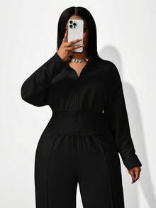 Slaydiva Ensemble décontracté femme grande taille, couleur unie, veste à capuche zippée à manches longues et pantalon, automne/hiver - Noir - Voir 8