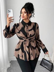 Elenzga Plus Size Women Elegant Colorblock Print Twist Cinched Waist ...