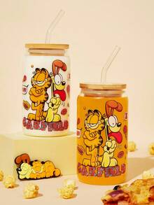 GARFIELD | SHEIN Taza de vidrio borosilicatado alto con estampado de gatos y perros de dibujos animados (incluido cepillo para limpiar la pajita), adecuada para bebidas frías y calientes, café, leche, jugo, etc.