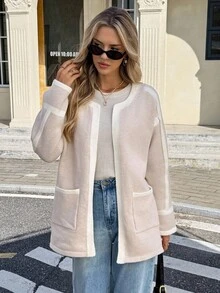 SHEIN Frenchy Women's Autumn/Winter Khaki Apricot Casual Color-Blocked Patchwork Crewneck Warm Thick Cardigan Autumn/Winter Style, Everyday Wear Can Be Worn As Outerwear Or Layered Underneath   Winter Clothes For Women  Women's Winter Coat  Women's Winter Coat  Christmas Sweater  New Year Women's Clothes  Thanksgiving Outfit For Women   Brown Sweater