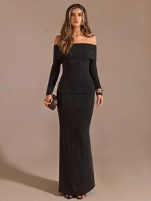 SHEIN BAE 2pcs/Set Dark Grey,Autumn,Elegant,Dining Solid Color Thick Knit Sweater With Off Shoulder Neckline & High-Waist Maxi Skirt,Pullover Top,Turtleneck - Green - View 6