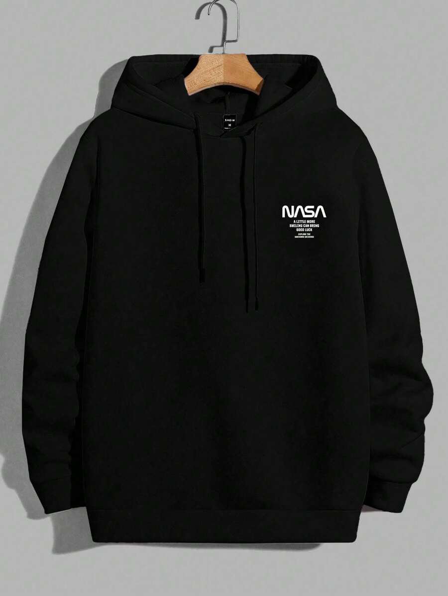 EURMUSE 100 % bomull herrhuvtröja med bokstäver och grafisk dragsko - Svart - Visa 1