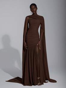 Elitara Elegant Cream Yellow Chiffon Halter Neck Dress (Detachable Sequins), Bust Ruched, Mesh Hem Fishtail, Suitable For Dates, Vacation, Weddings, Bridesmaid Events - Coffee Brown - View 4