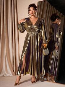 Cravure 加大码金属针织面料交叉V领灯笼袖收腰A字形派对连衣裙 - 金色 - 查看 7