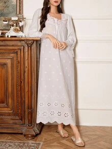 PalaceNights Women's Vintage Palace Style Square Collar 3D Floral Embroidery Lace Trim Long Nightgown, For Fall, Winter - White - View 6