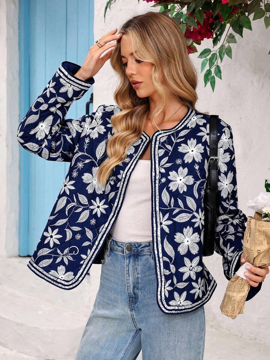 Vivid Eden Manteau d'hiver casual à manches longues et col ouvert avec imprimé floral pour femmes, casual pour femmes, bleu et blanc, manteau bleu, manteau bleu marine, bohème, style boho chic, femmes boho, vêtements western pour femmes, western - Bleu azur - Voir 1
