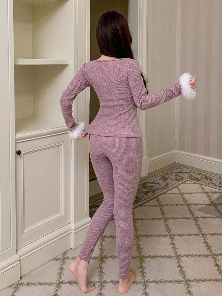 Women's Brushed Knit Fuzzy Fluffy Cuff Trim Top & Pants Fitted Pajama Clothes Set, Autumn/Winter, Cozy