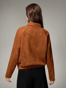 Hanevo Women's Casual Loose Fit Single-Breasted Jacket With Raglan Sleeves, Autumn - Coffee Brown - View 2