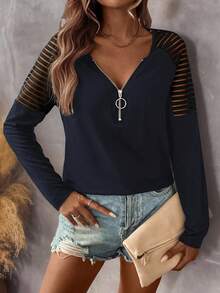 EMERY ROSE Women's Autumn Splice Mesh Shoulder Zip V-Neck Raglan Long Sleeve Casual Knit T-Shirt