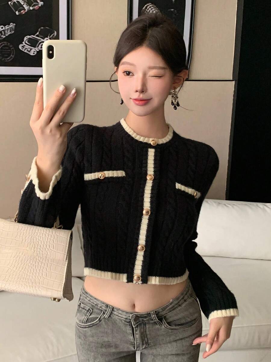 DAZY 女士优雅撞色饰边纽扣针织毛衣，秋季 - 黑色 - 查看 1
