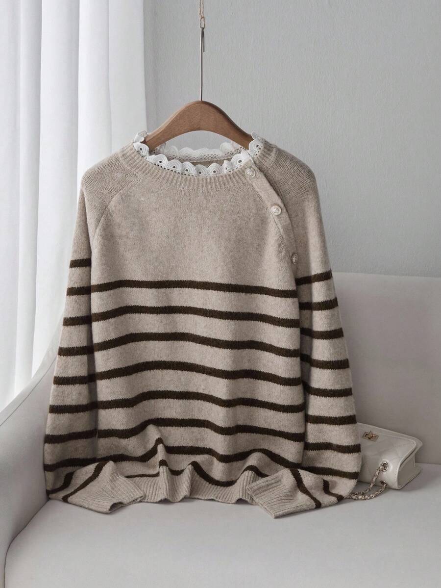 Franclia 女式蕾丝领条纹插肩袖套头针织毛衣，复古风格，加大码 - 卡其色 - 查看 1