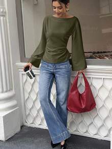 EMERY ROSE 女式纯色圆领荷叶边喇叭袖时尚衬衫 - 軍綠色 - 查看 4