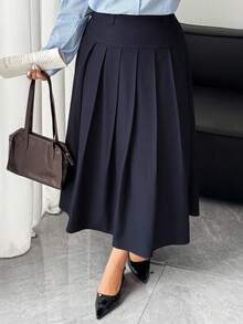 Dazy Plus Chân váy chữ A xếp ly trơn màu cỡ lớn dành cho nữ, thoải mái và đa năng - Màu xanh hải quân - Xem 4